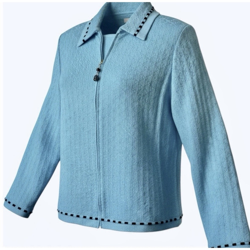 St John Collection Santana Knit 3 Piece Suit Aqua Black Trim Pants 12